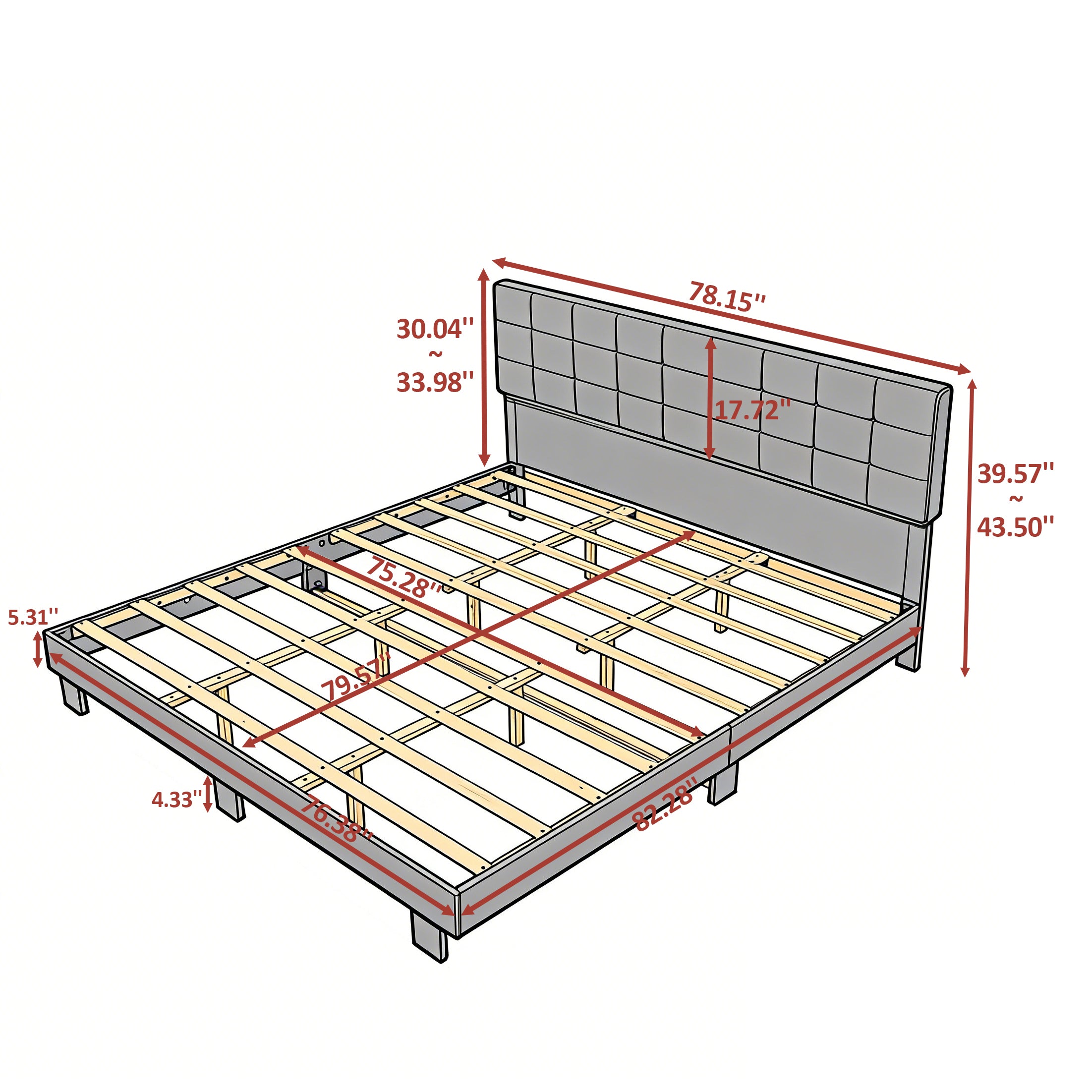 King Upholstered Platform Bed Frame – Tufted Headboard, Solid Wood Slats, Adjustable Height