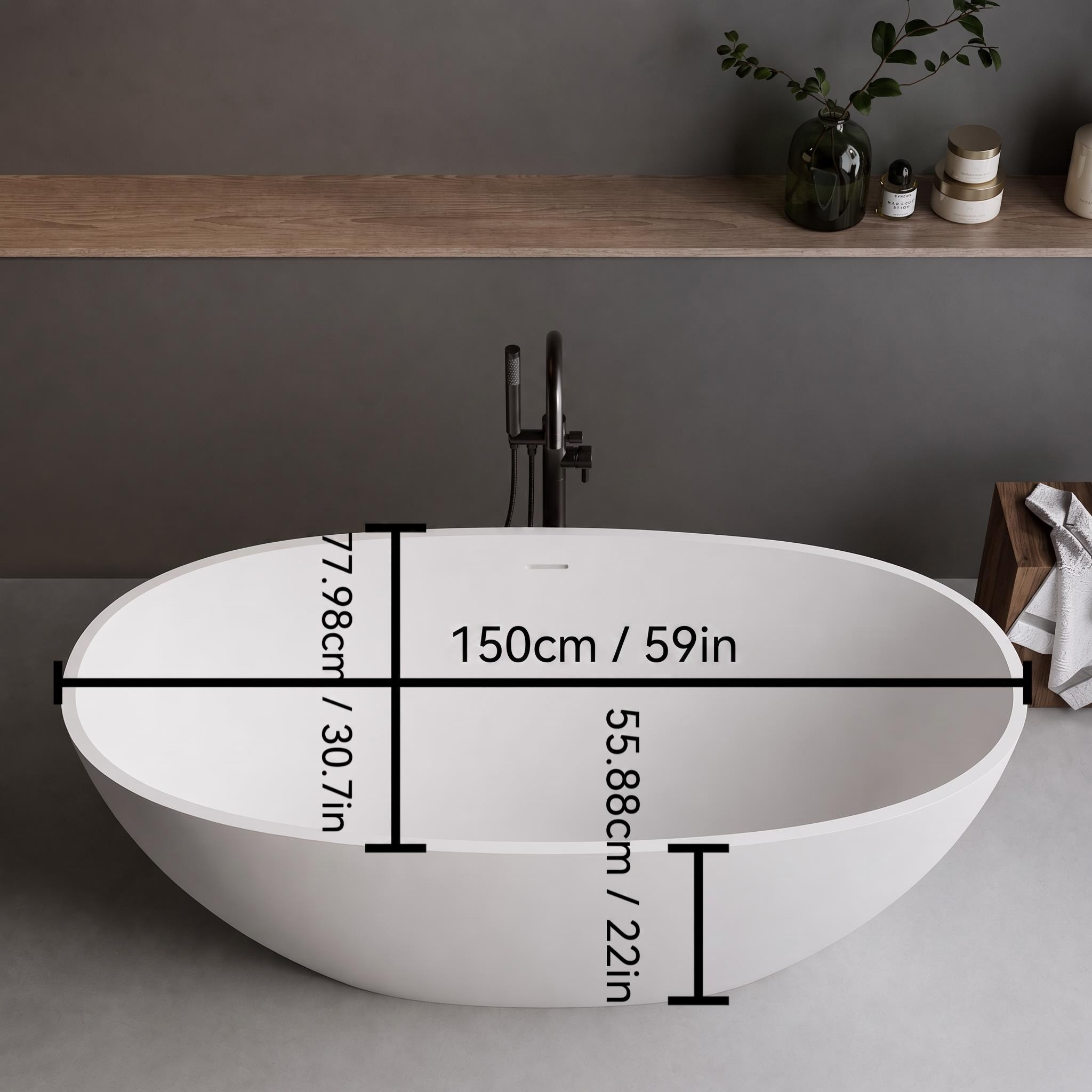 59" Matte White Solid Surface Freestanding Soaking Tub – Stone Resin Oval Bathtub with Thick Edge, Overflow & Pop-Up Drain