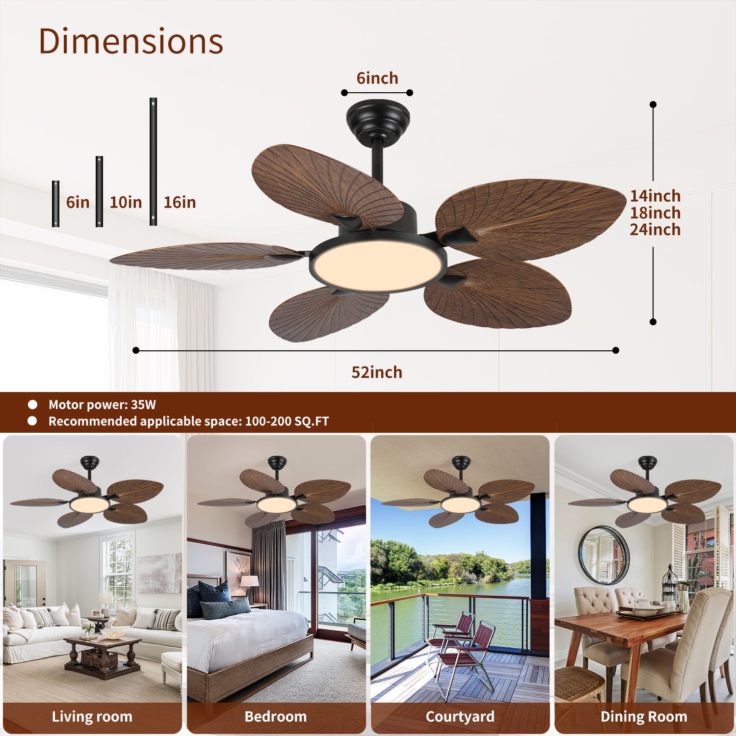 52" Tropical Palm Leaf Ceiling Fan with LED Lights & Remote Control – Decorative Indoor Ceiling Fan for Bedroom, Living Room & Patio