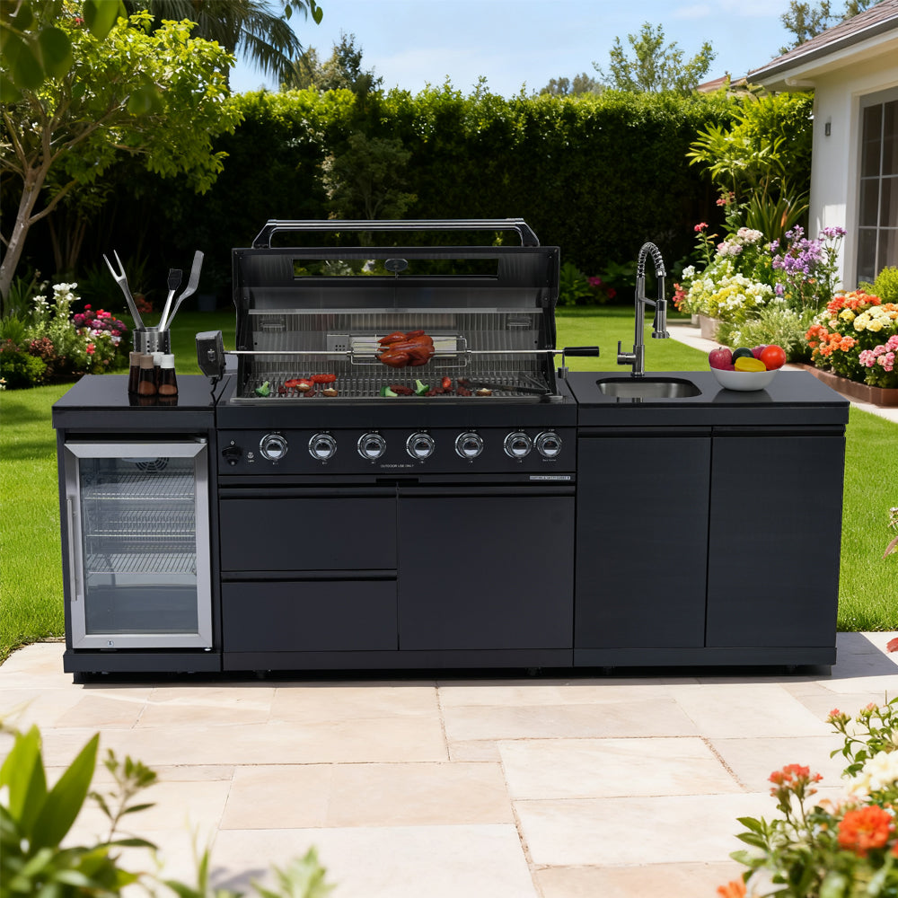 43" 6-Burner Stainless Steel Outdoor Kitchen Island Grill with Wine Cooler, Sink & Rotisserie Kit
